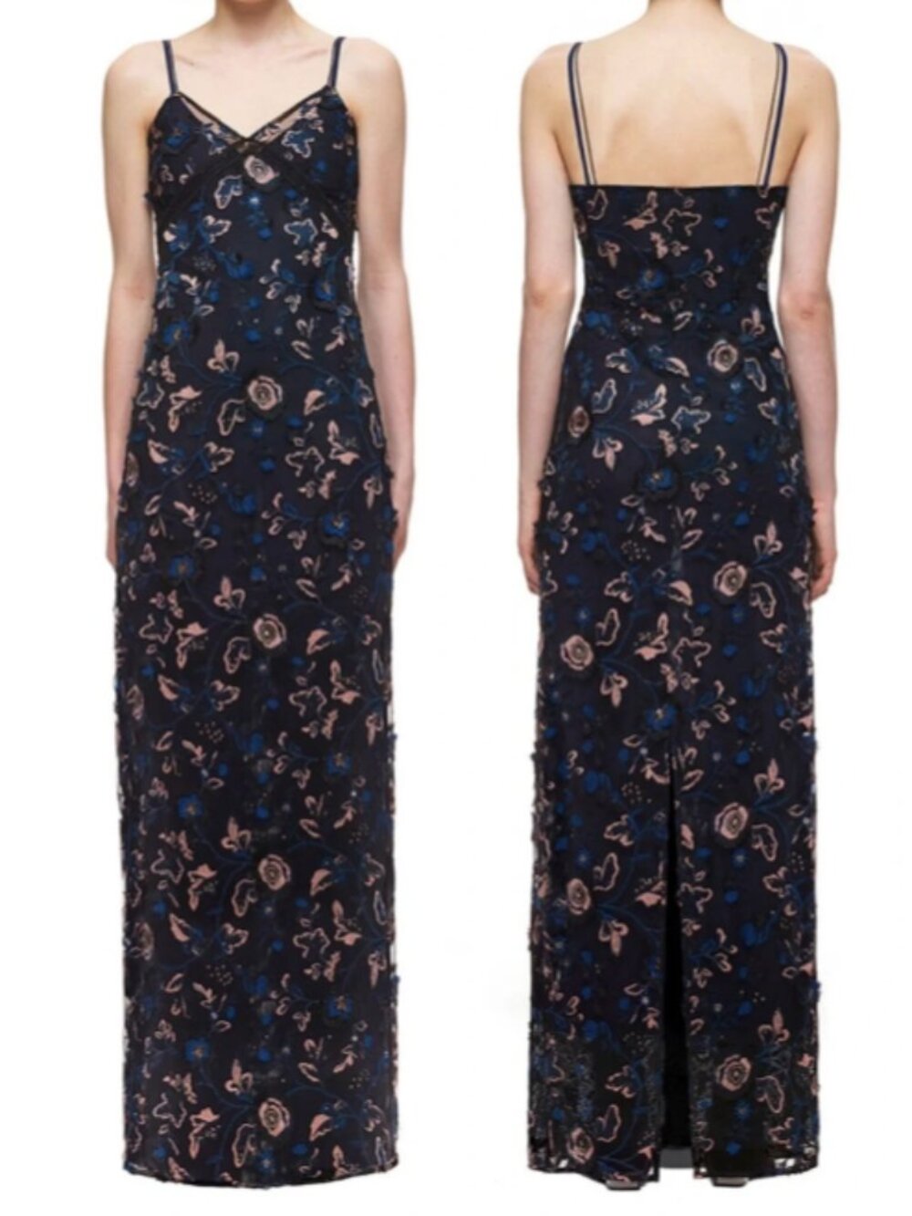 Self-Portrait Eva Navy Blue Black Floral Embroidered Sequin Column Maxi Dress 8